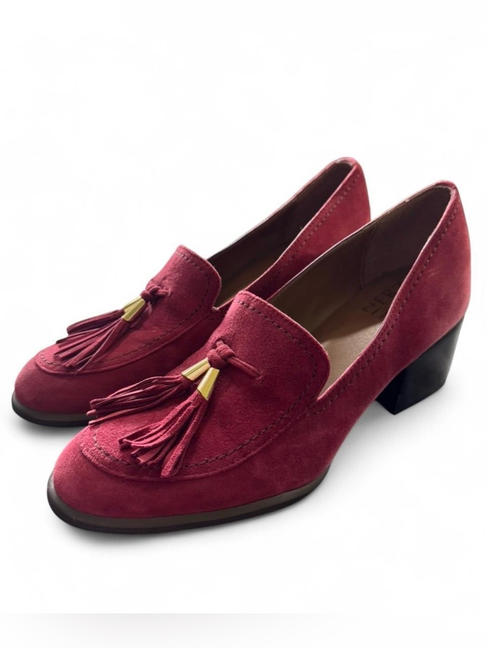 Naturalizer Red Suede Tassel Loafer Heels Block Heel Slip On Size 7.5